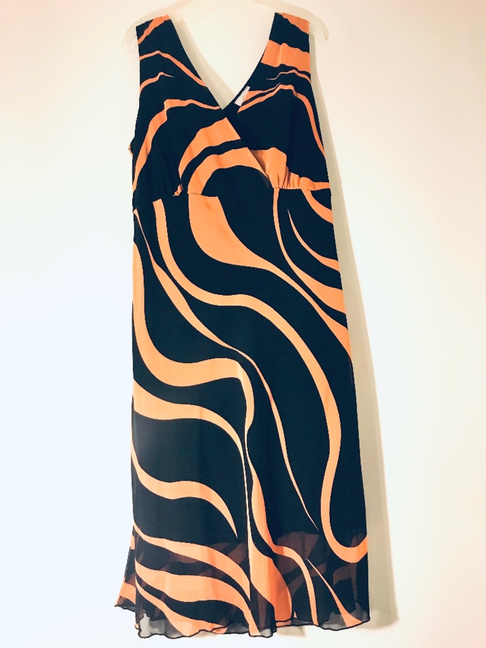 Vintage Caren Sport Black Orange Geometric Maxi Dress VNeck Empire Waist 2XL